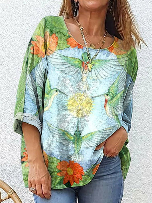 Women's Hummingbird Floral Pattern Art Print Cotton Linen Casual Shirt