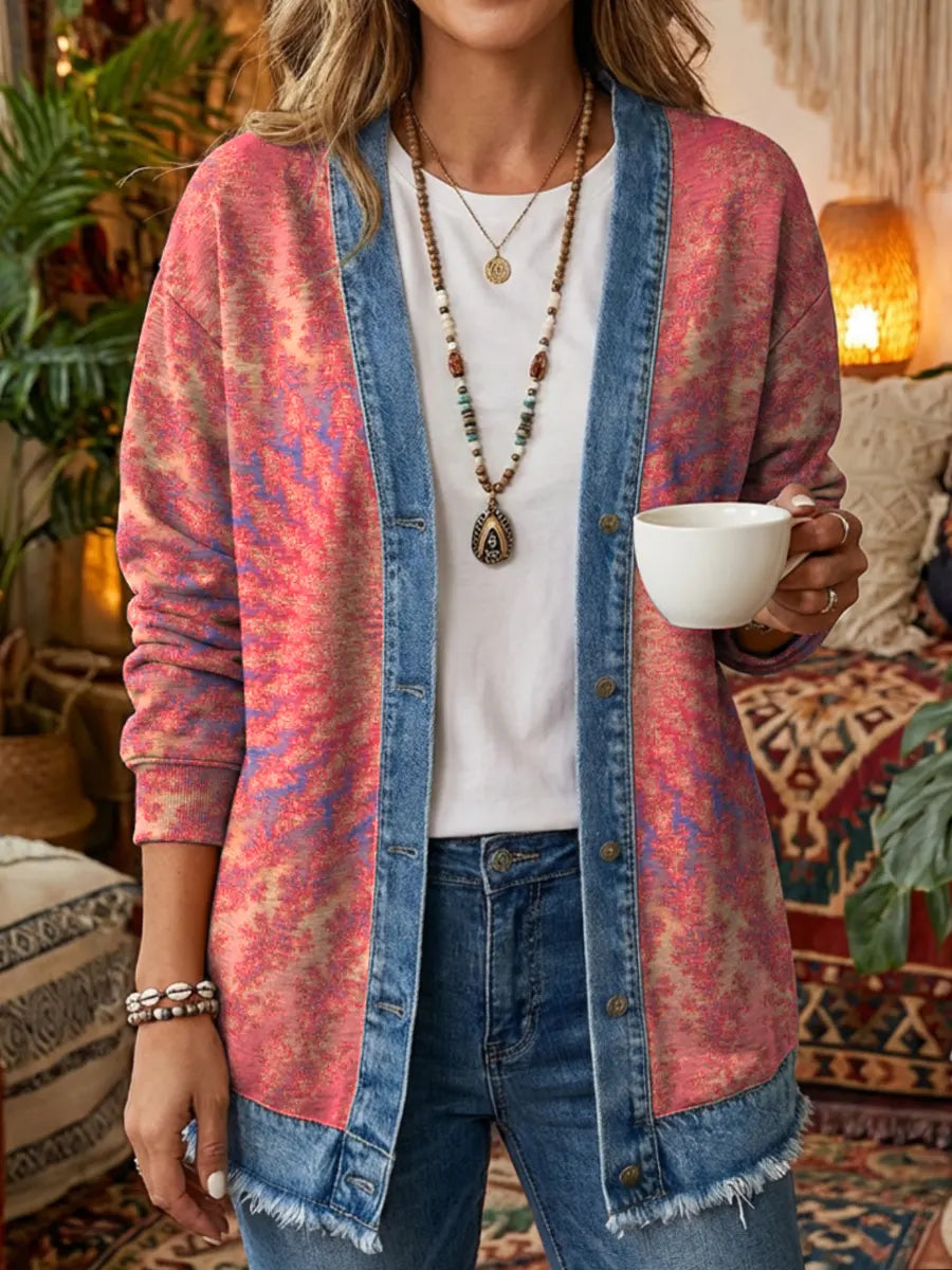 Vintage National Kaleidoscope Women's Art Print Casual Long Sleeve Denim Patchwork Shirt Coat