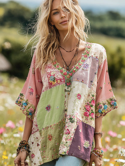 Women's Vintage Floral Print V-neck T-shirt