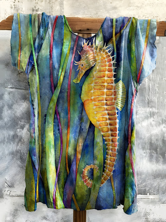 Women's Watercolor Seahorse Art Patterns Prints Cotton Crew Neck Tee