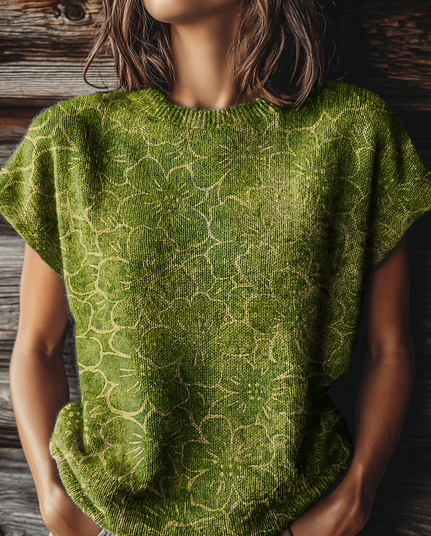 Women's Vintage Floral Art Print Casual Crew Neck Short Sleeve Knitted Sweater