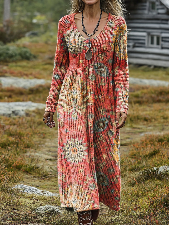 Women's Retro Ethnic Floral Art Print Casual Long-Sleeve V-Neck Cotton Knit Dress