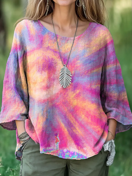 Women's Colorful Water Dye Print Casual Cotton And Linen Shirt