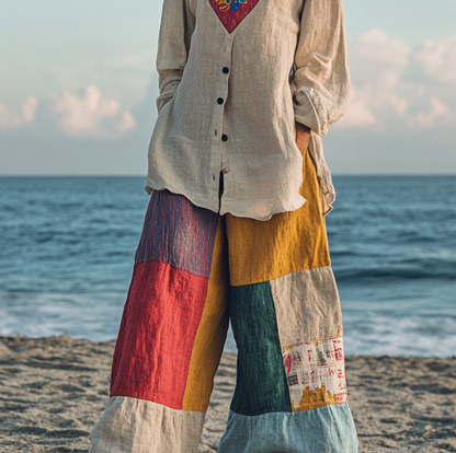 Comfort Vacation Oversized Linen Long Sleeve Shirt and Wide Leg Pants 5b9e