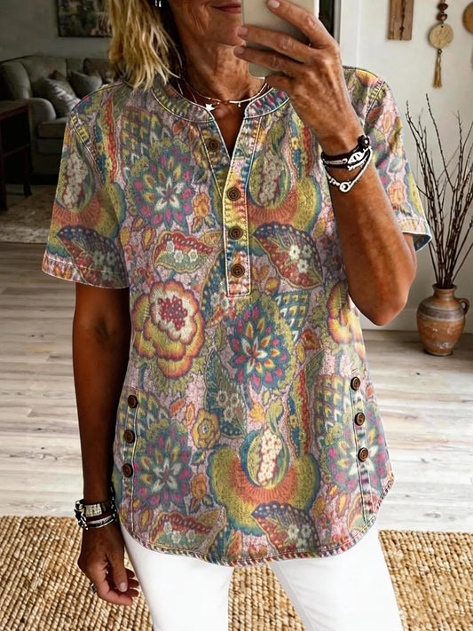 Women's Floral Print Button-down Short-sleeved Shirt
