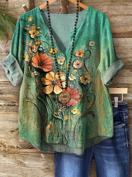 Women's Vintage Folk Flowers Print Casual Cotton Linen Shirt