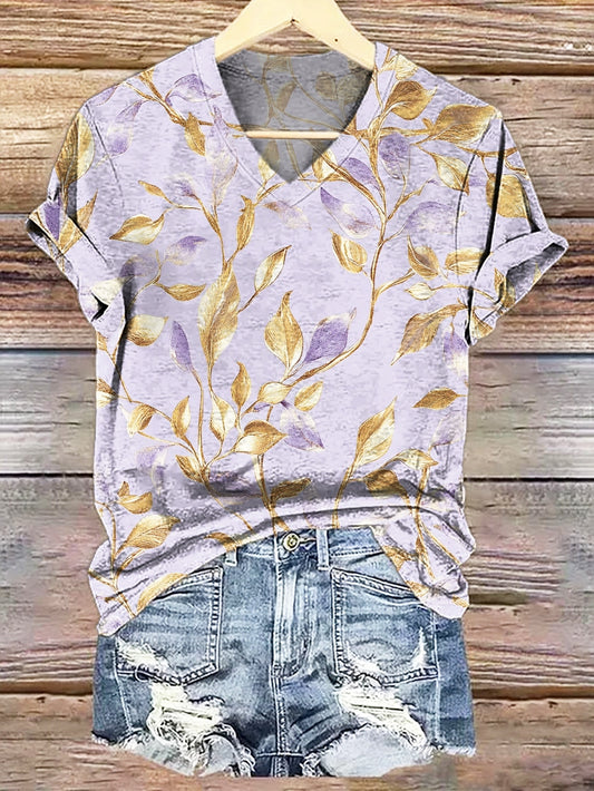 Women's Retro Folk Floral Art Print Casual V-neck Cotton T-shirt