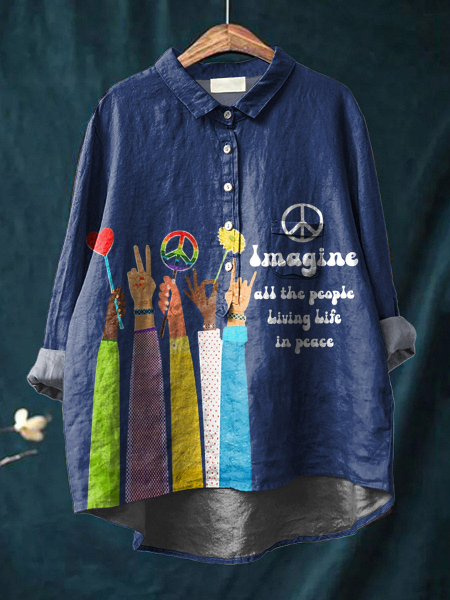 Imagine All The People Living Life in Peace Art Print Casual Cotton And Linen Shirt