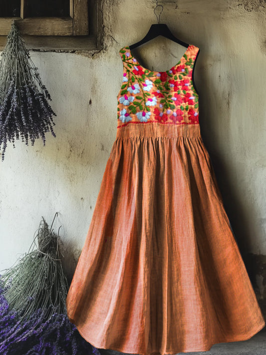 Women's Floral Art Print Round Neck Sleeveless Cotton Pocket Dresses