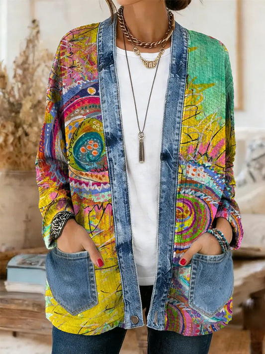Women's Vintage Oil Painting Floral Art Print Casual Long-sleeved Comfortable Denim Patchwork Cardigan