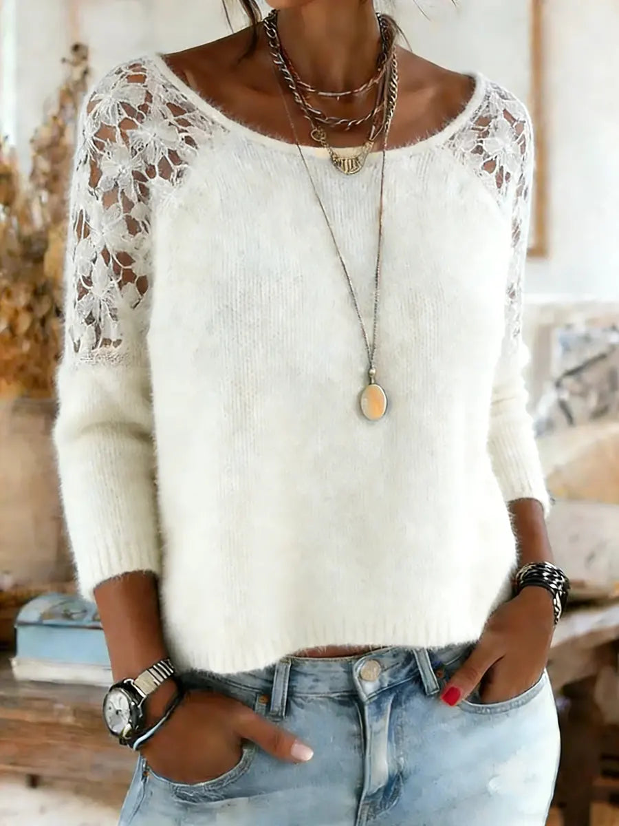 Women's Lace Patchwork Long Sleeve Crew Neck Sweater