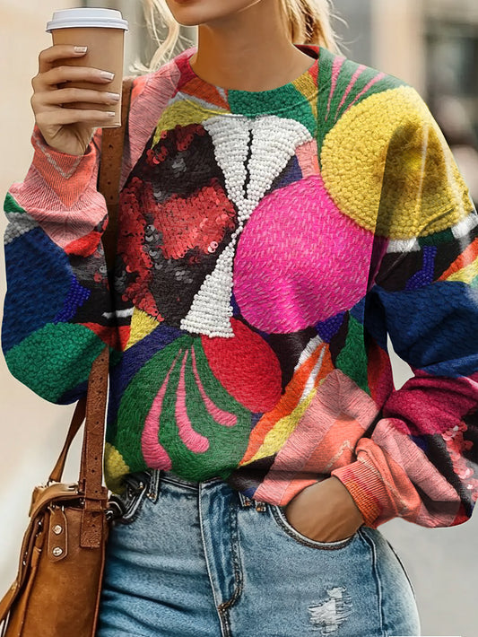 Vintage Colorful Collage Print Casual Sweatshirt