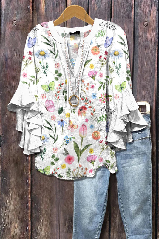 Elegant Floral Butterfly Print Ruffle Sleeve Top