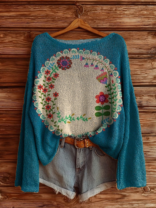 Women's Vintage Floral Tattoo Pattern Art Print Casual Pullover Sweater