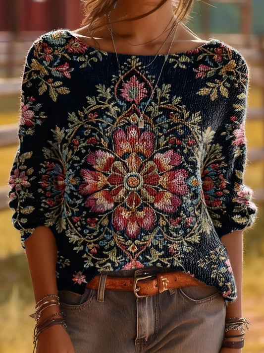 Women's Ethnic Floral Art Pattern Printed Comfortable Crew Neck Sweater