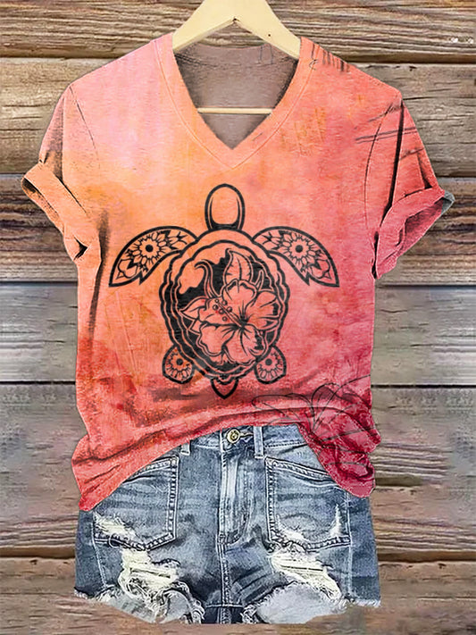 Women's Artistic Floral Turtle Gradient Print V-Neck T-Shirt