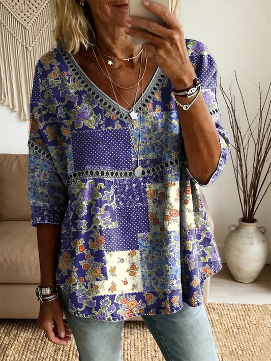 Ethnicity Patchwork Purple Flowers Women's Vintage Art Print Casual V Neck Cutout Top