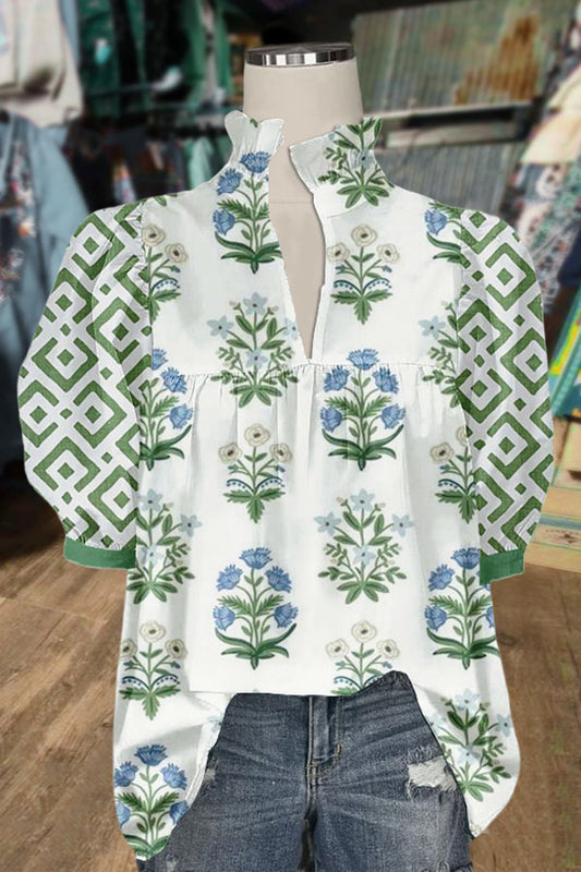 Floral Print V-Neck Geo Puff Sleeve Top