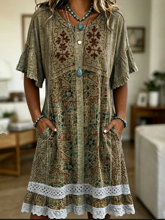 Women's Vintage Ethnic-print Artistic Lace Cutout Dress