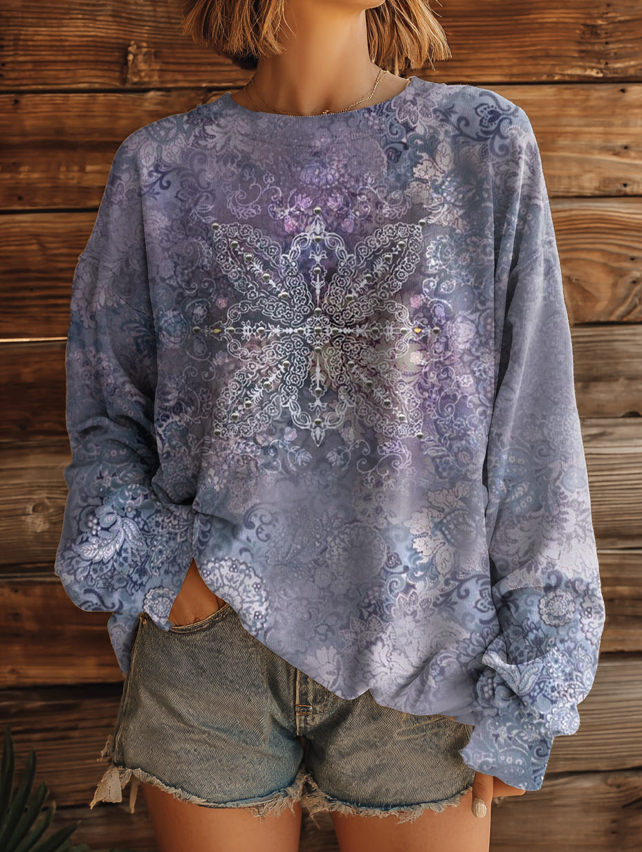 Women's Vintage Ethnic Floral Art Pattern Print Casual Crew Neck Sweatshirt