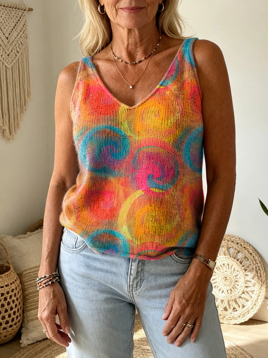 Women's Retro Colorful Abstract Pattern Art Print Casual Fashion V-Neck Sleeveless Knit Vest