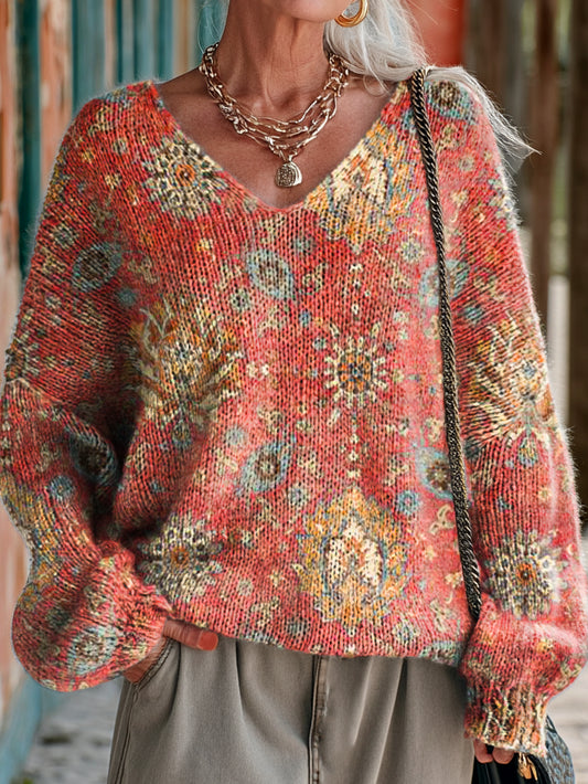 Ladies Vintage Ethnic Red Floral Art Prints Casual V-neck Knitwear