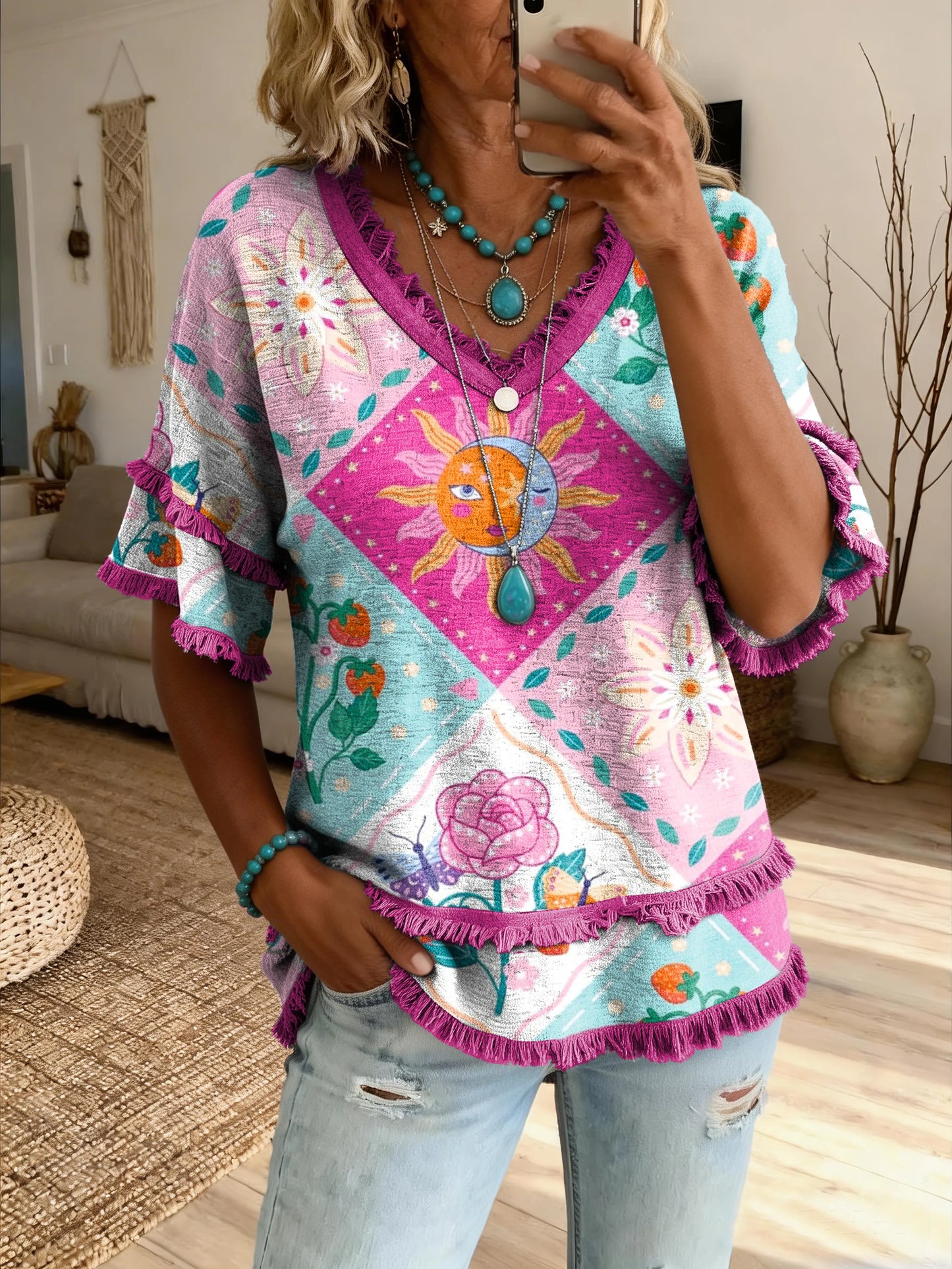 Women's Hippie-Style Diamond Floral Sun-Face Patchwork Art Print Casual V-Neck T-Shirt