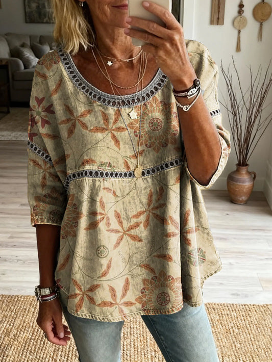 Ethnicity Geometry Flowers Women's Vintage Art Print Casual Round Neck Cutout Top