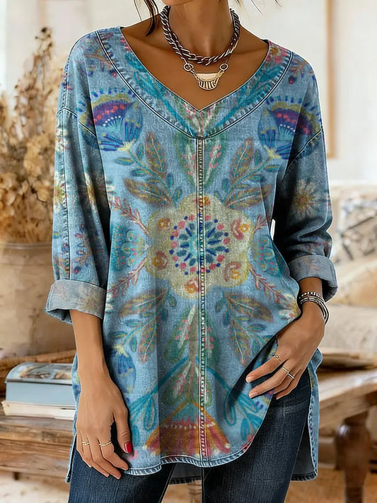 Retro Ethnic Floral Pattern Art Print Casual Washed Denim Cotton Top