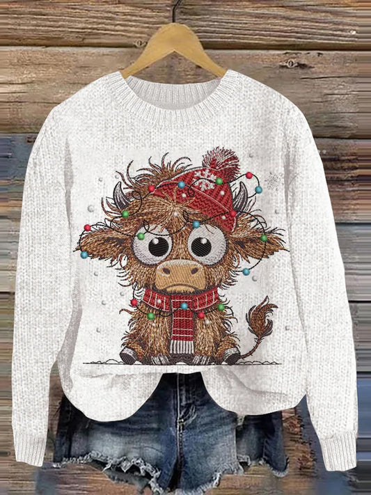 Women's Christmas Highland Cow Print Crew Neck Casual Knit Pullover