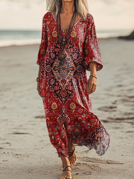 Women's Retro Ethnic Totem Art Print Pocket Cotton Dress