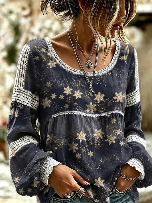 Women's Vintage Star Art Print Lace Shirt