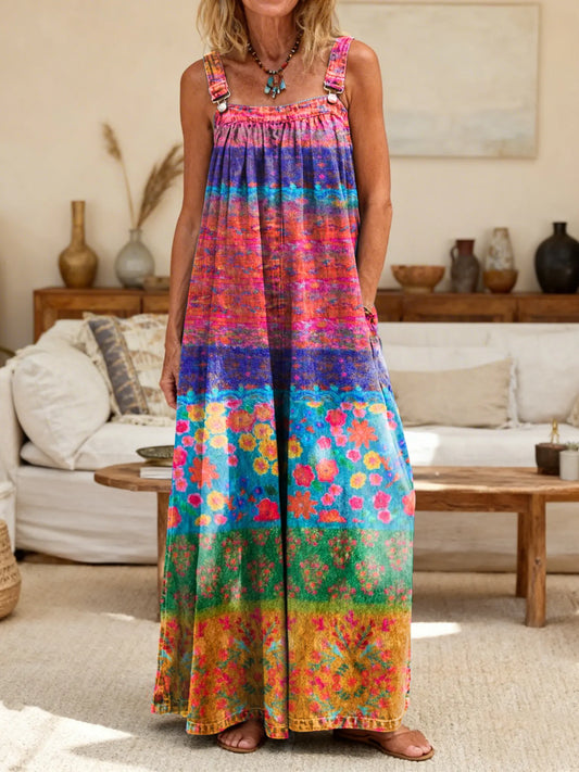 Women's Retro Striped Floral Art Print Casual Overalls