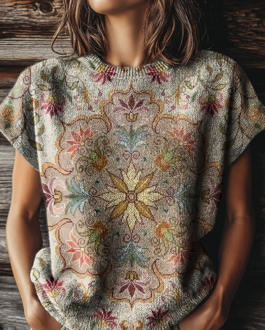 Women's Vintage Ethnic Floral Art Print Casual Crew Neck Short Sleeve Knitted Sweater