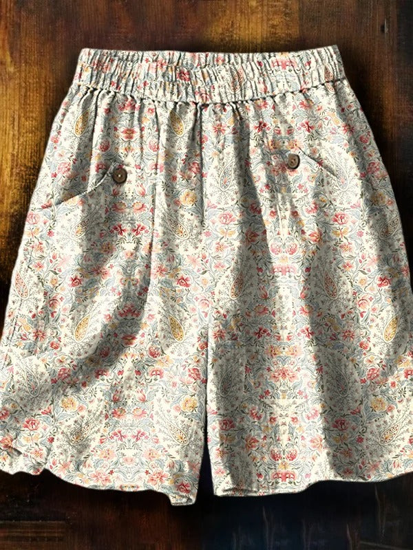 Women's Vintage Paisley Floral Art Print Casual Cotton And Linen Ruffle Shirt