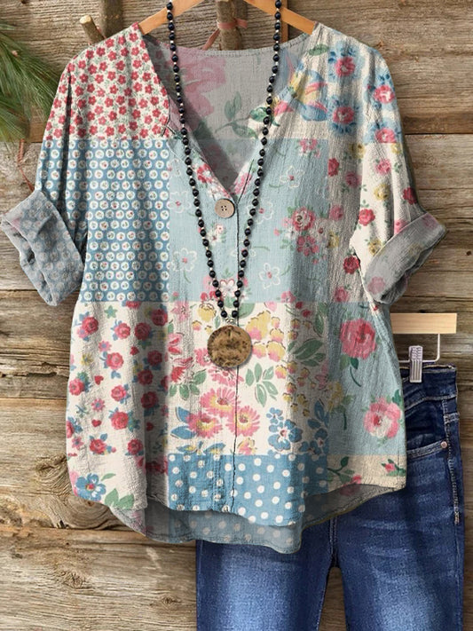 Women's Vintage Floral Patchwork Art Print Casual Cotton Linen Shirt