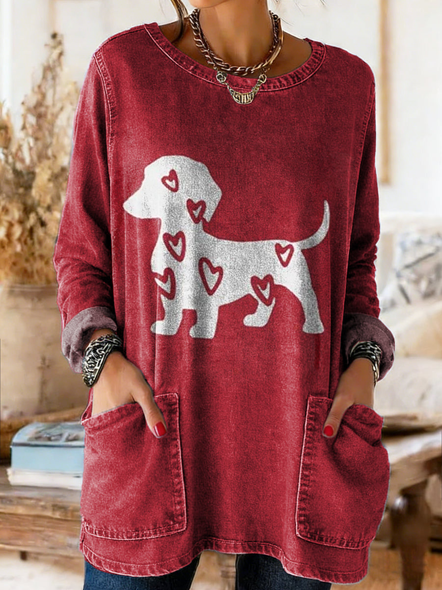 Women's Retro Heart Puppy Art Print Casual Long-Sleeve Round Neck Pocket Washed Cotton Denim Top
