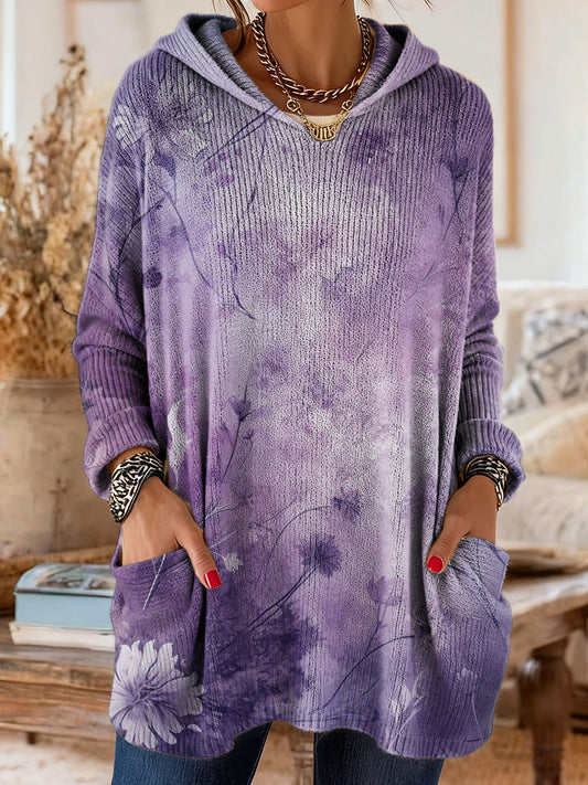 Women's Retro Floral Art Print Casual Long-Sleeved Hooded Cotton Knit Sweater