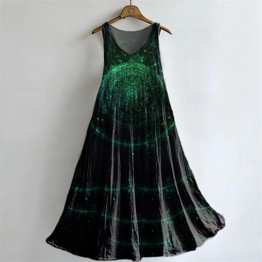 Women's Mandala Pattern Art Print Round Neck Sleeveless Cotton Pocket Dress