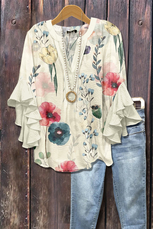 Watercolor Floral Print Ruffle Sleeve Top