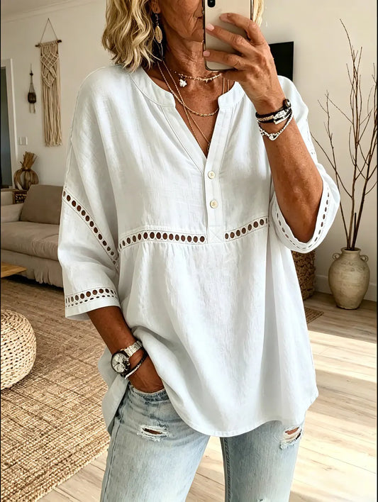 Women's Vintage Floral Artistic Print Patchwork Casual V-Neck Cutout Top