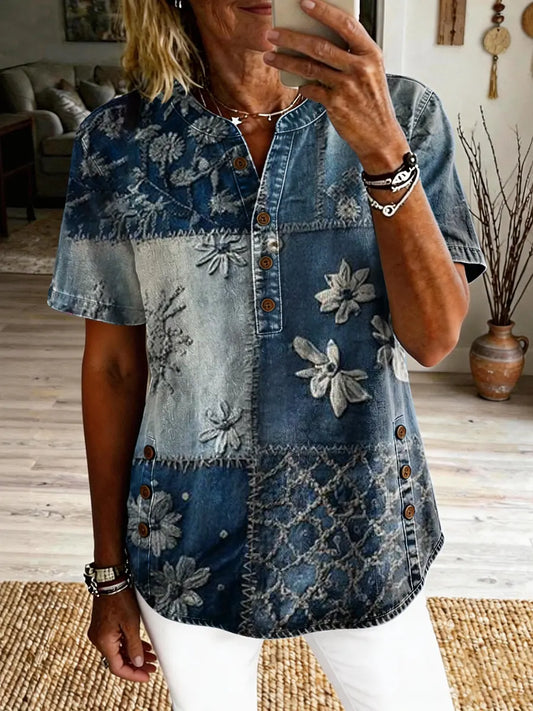 Women's Vintage Floral Art Print Casual Short-sleeve Washed Shirt