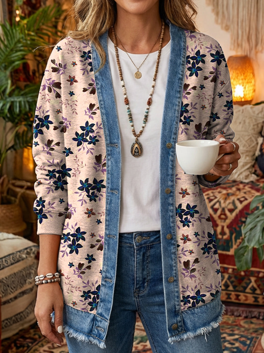 Women's Vintage Ethnic Pink Crushed Art Printed Casual Cowboy Patchwork Long Sleeve Cotton Jacket