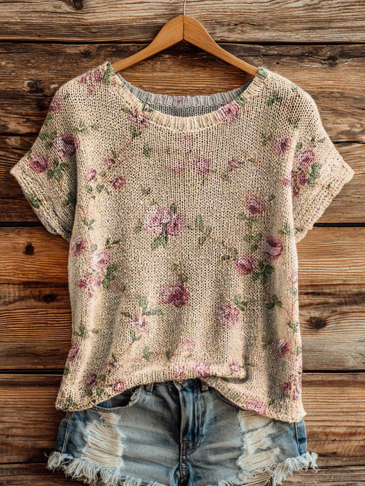 Women's Vintage Floral Art Print Casual Crew Neck Short Sleeve Knitted Sweater