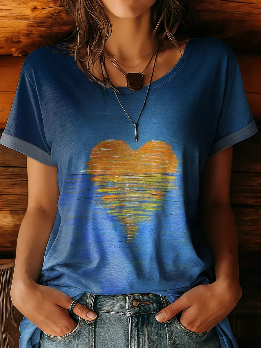 Women's Vintage Oil Painting Heart Art Print Casual Short-sleeved Crew Neck Pure Cotton T-shirt