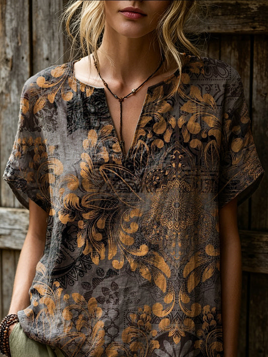 Women's Retro Ethnic Floral Art Print Casual Short-sleeve V-neck Cotton Linen Shirt