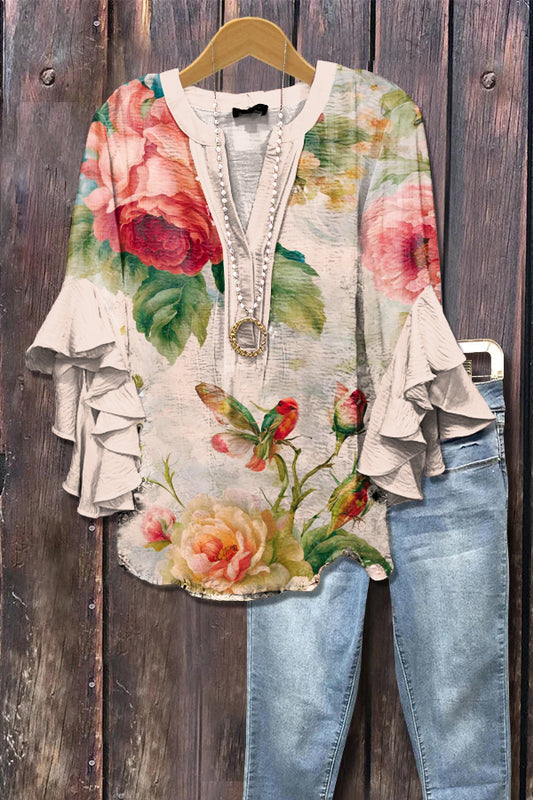 Elegant Floral Print Ruffle Sleeve Top