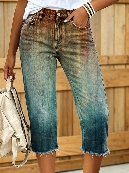 Women's Ombre Gradient Print Capri Frayed Hem Denim Cropped Pants