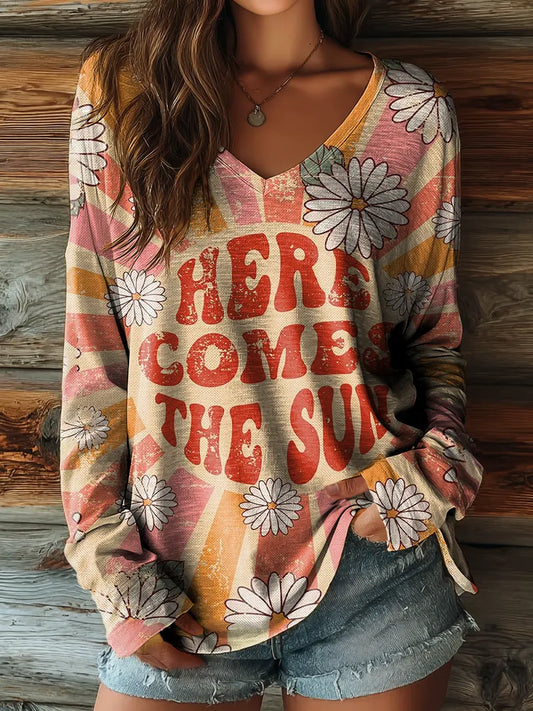 Women&#39;s Here Come The Sun Art Print Casual V-Neck Long Sleeve T-Shirt