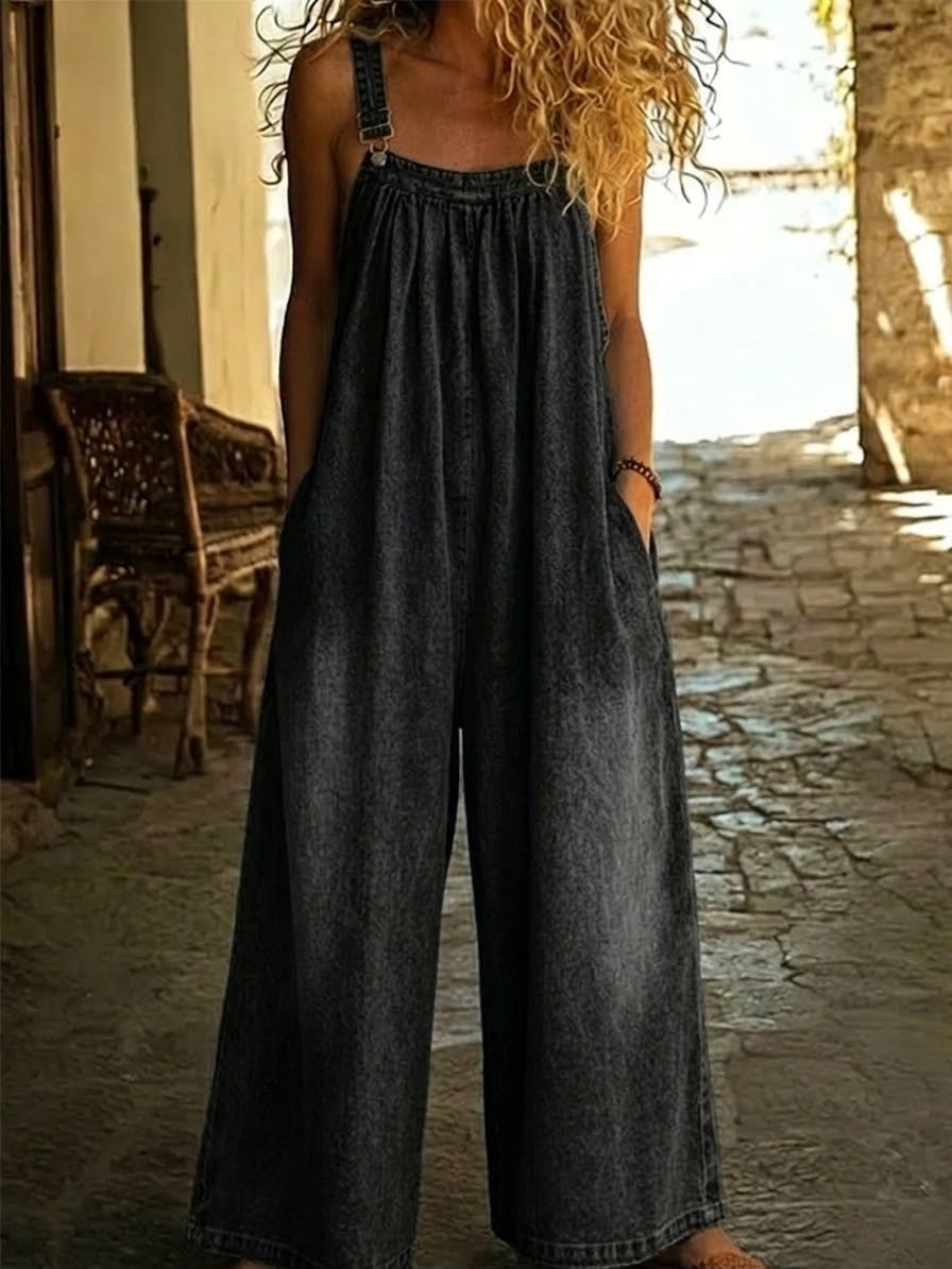 Women's Art Casual Shoulder Strap Washed Jumpsuit